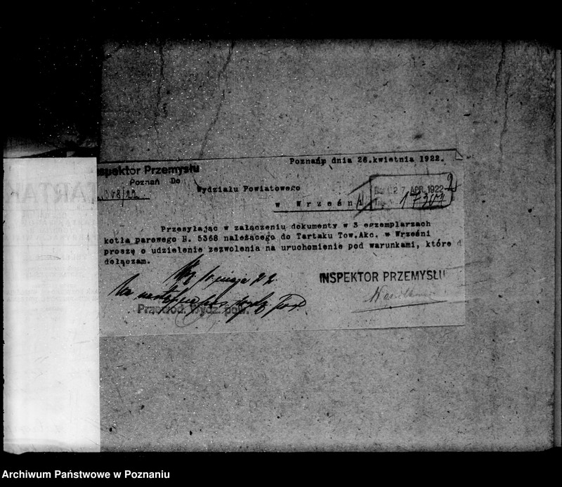 Obraz 6 z jednostki "1/ Tartak parowy we Wrześni- Towarzystwo Akcyjne Nr porządkowy kotła 11 /Młyn J. Hadyniaka w Tomicach powiat poznański"