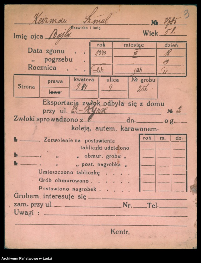 Obraz 4 z jednostki "Kartoteka osób pochowanych na cmentarzu żydowskim przy ulicy Brackiej w latach 1892-1951. Nazwiska na litery: Kei-Ki"