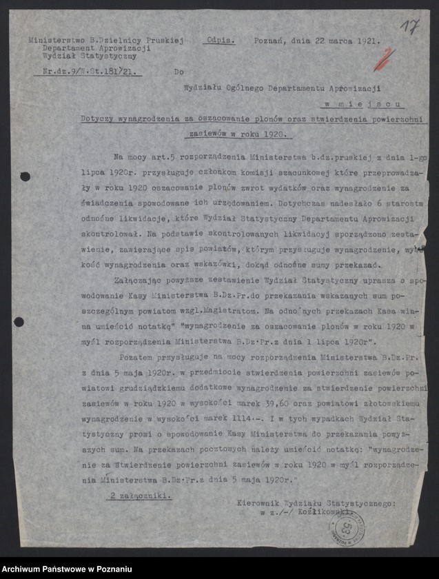 Obraz 16 z jednostki "[Wyniki oszacowania plonów roślin okopowych w Księstwie Poznańskim w roku 1919] i Rozporządzenie dotyczące stwierdzenia powierzchni zasiewów w roku 1920"