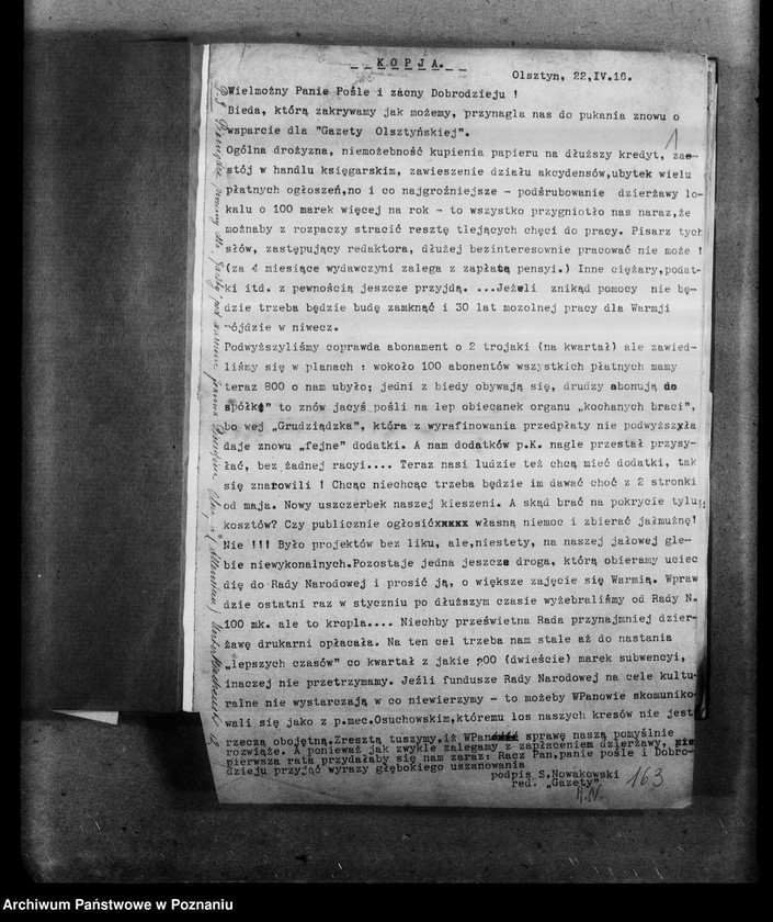 Obraz 5 z jednostki "Korespondencja różna - miedzy innymi sprawozdanie z posiedzenia Komitetu Politycznego w Berlinie, wnioski o subwencję dla Gazety Olsztyńskiej, protest profesora Eugeniusza Romera odnośnie objęcia jedynie Królestwa Polskiego nazwą Polski (nr 482), listy dra Celichowskiego"