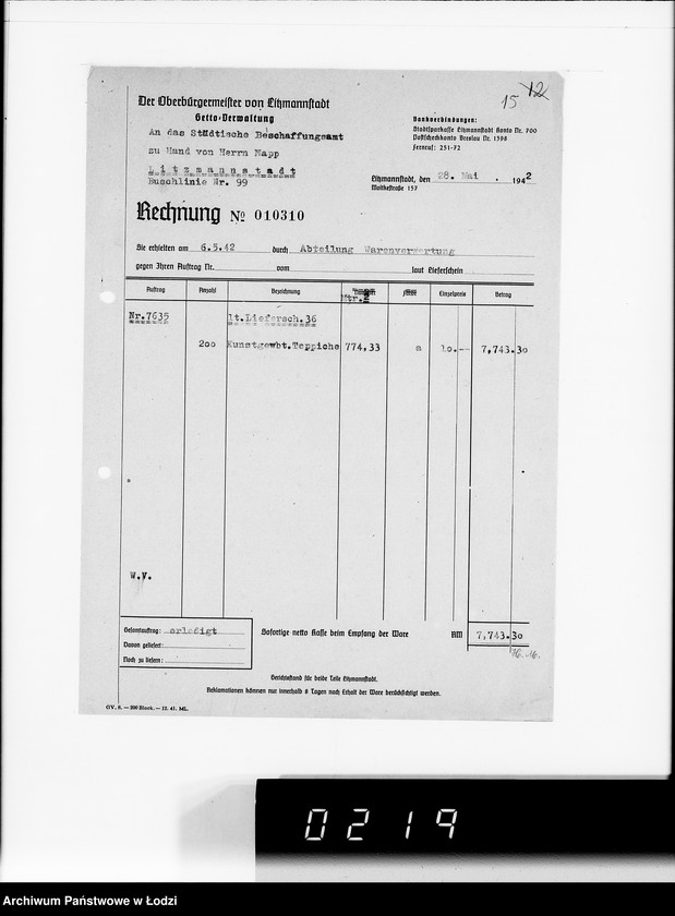 Obraz 19 z jednostki "Warenverwertung am Lager 99. [Aufträge] 7601-7640"
