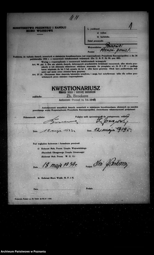 Obraz 5 z jednostki "Kwestionariusz Odlewni żelaza i warsztatów mechanicznych Zb. Broekere Poznań-Antoninek"