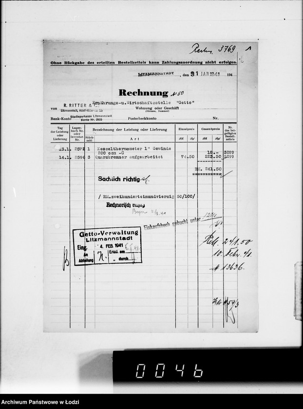 Obraz 4 z jednostki "Ritter et Co.Rechnungen [za dostawy towarów dla Getta]"