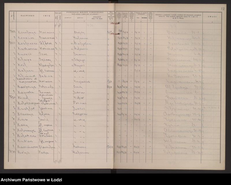 Obraz 16 z jednostki "Księga kontroli ruchu ludności (rejestr osób przybywających do gminy) Łódź, zespół IV, lit. K"