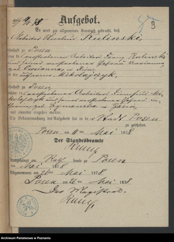 Obraz 11 z jednostki "Die von den Verlobten beigebrachten Urkunden zur Eheschliessung pro 1878"