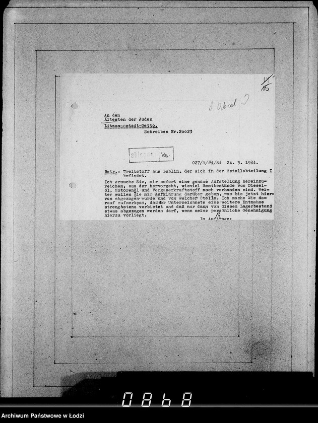 Obraz 19 z jednostki "Juden-Schreiben [Pisma skierowane do Przełożonego Starszeństwa Żydów w Getcie Łódzkim]. Nr.10569-20040"