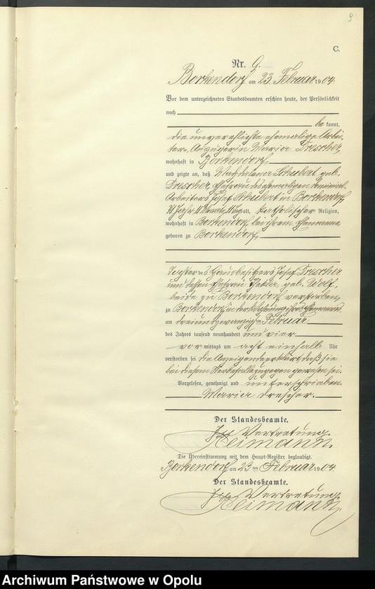 Obraz 13 z jednostki "Sterbe-Neben-Register des Standesamts Borkendorf pro 1904"