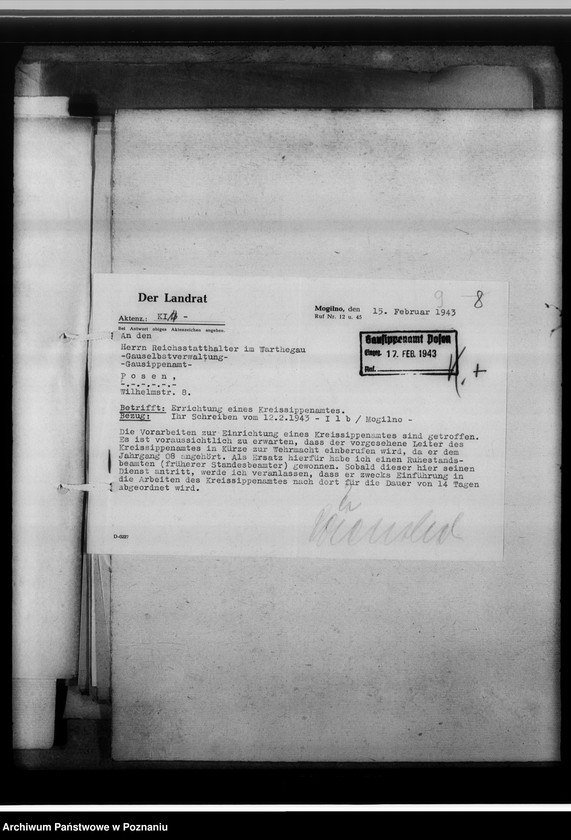 Obraz 13 z jednostki "[Korespondencja w sprawach organizacyjnych], Kreissippenamt Mogilno"