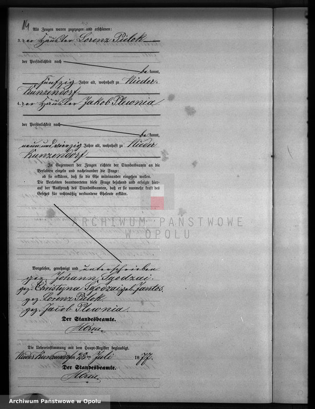 Obraz 18 z jednostki "Heiraths-Neben-Register Standesamts Kunzendorf pro 1877"