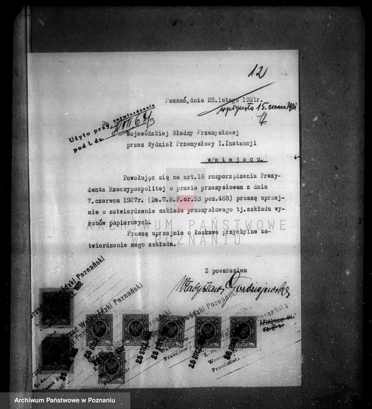 image.from.unit.number "Zatwierdzenie wytwórni wyrobów papierniczych nr 475 Władysława Goździejewskiego w Poznaniu"