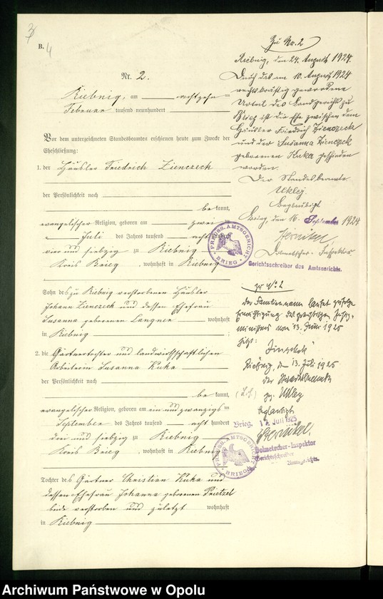 Obraz 7 z jednostki "Heiraths-Neben-Register Standes-Amt Riebnig 1900"