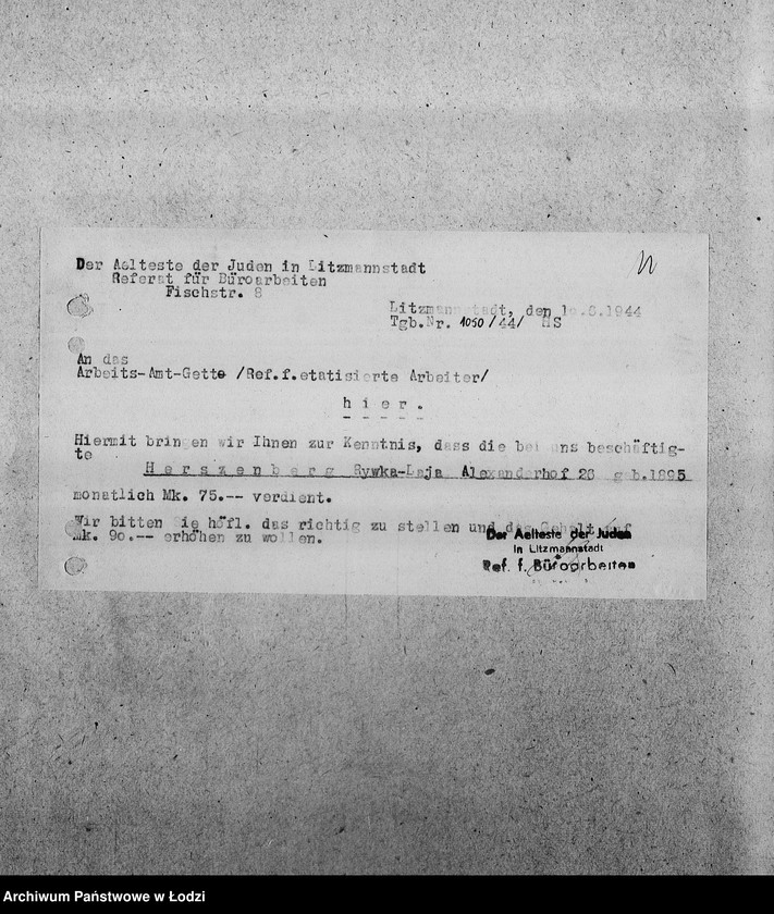 Obraz 14 z jednostki "[Korespondencja z Wydziałem Pracy i z PSŻ w sprawach personalnych i aprowizacyjnych Referatu Prac Biurowych]"