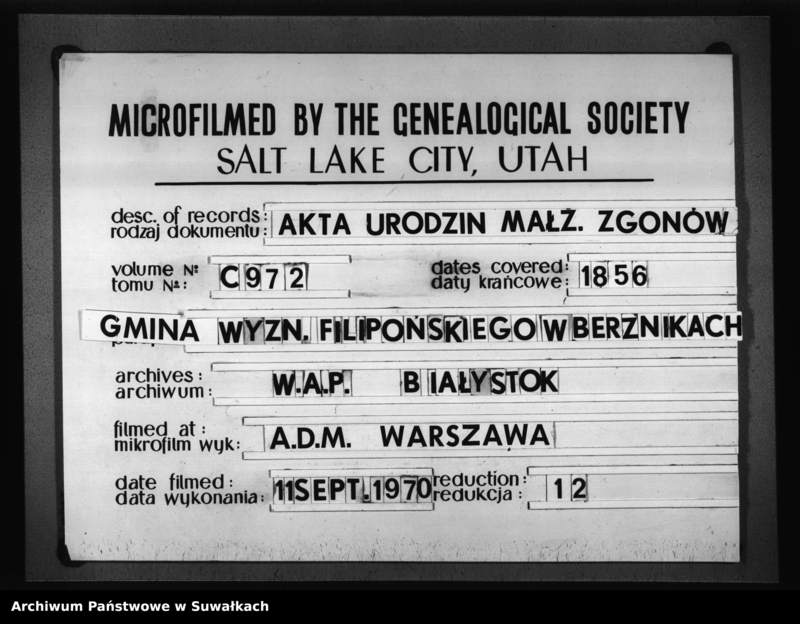 image.from.unit.number "Duplikat Akt Stanu Cywilnego Urodzonych, zaślubionych i zmarłych Sekty Filiponów z Gminy Berzniki z roku 1856"