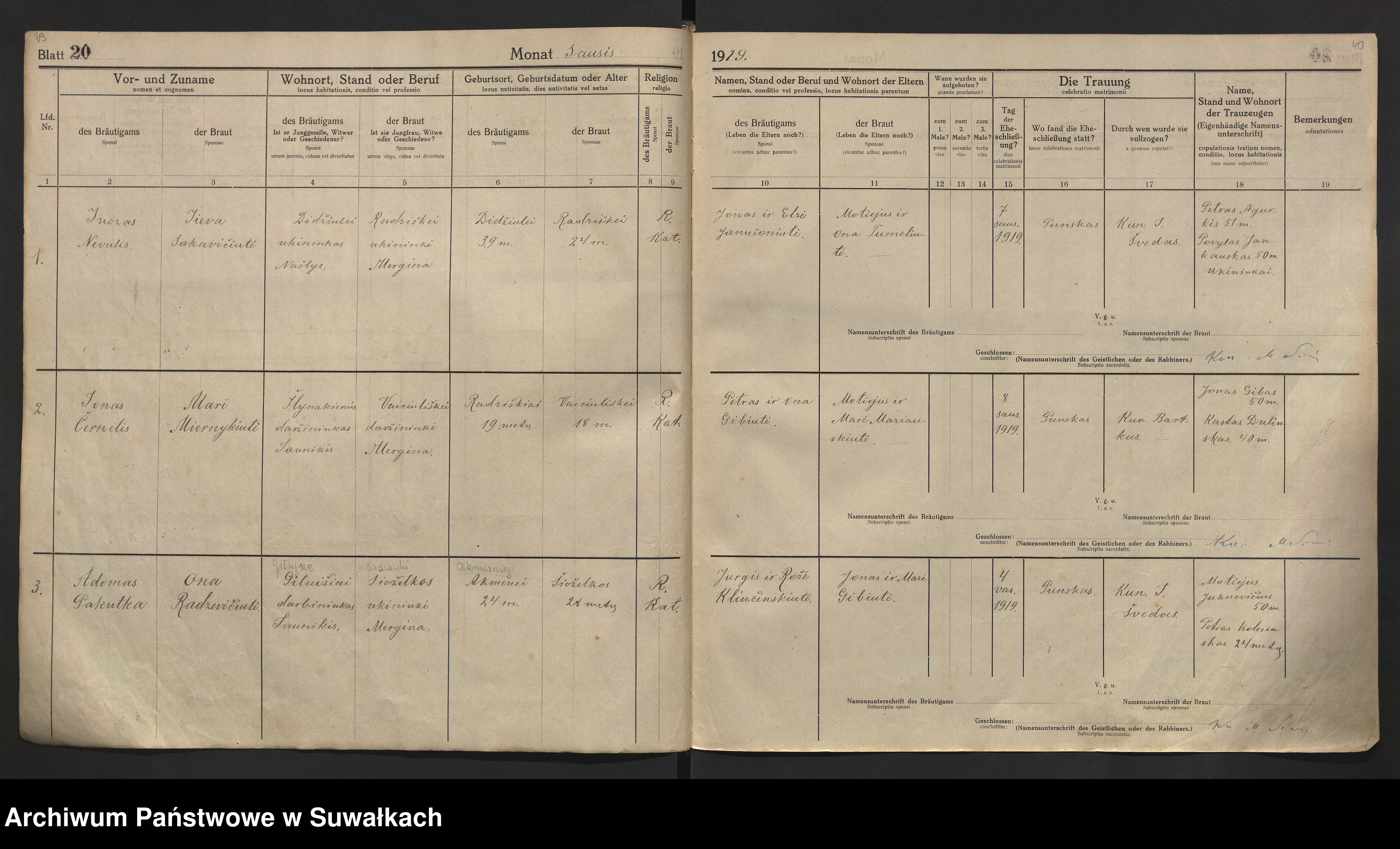 Skan z jednostki: [Księga akt małżeństw parafii rzymskokatolickiej w Puńsku z lat 1918-1921]