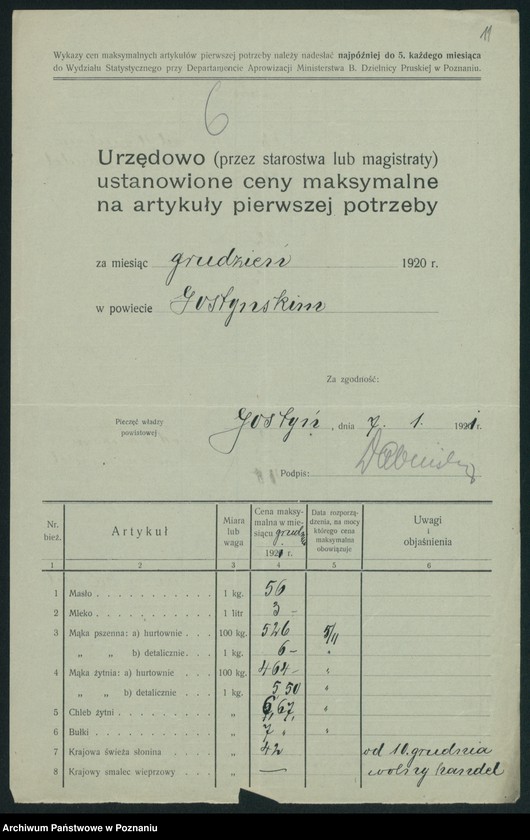 Obraz 13 z jednostki "[Wykazy urzędowo ustanowionych cen maksymalnych na artykuły pierwszej potrzeby na terenie Województwa Poznańskiego za miesiąc grudzień 1920 roku]"