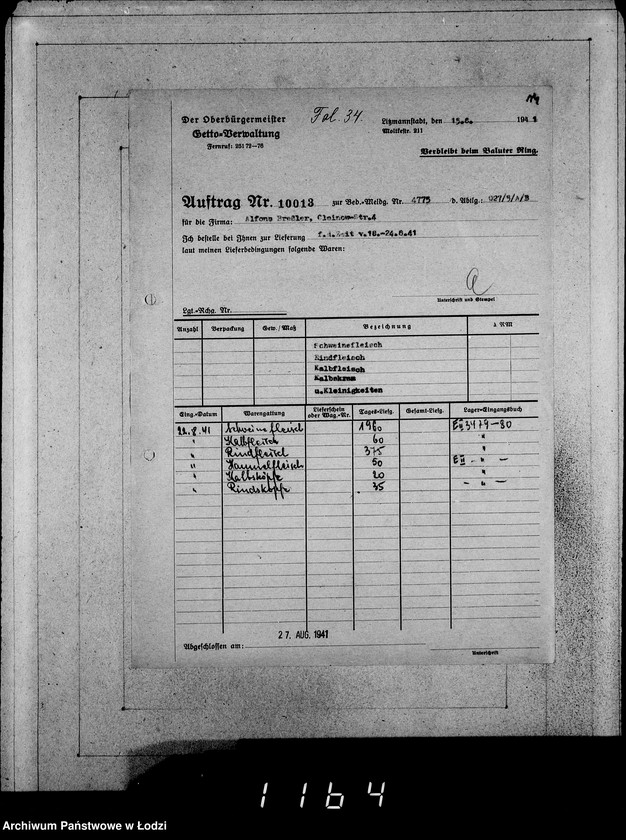 Obraz 18 z jednostki "Erledigte Aufträge von 10000-10999 [Zrealizowane zamówienia na produkty żywnościowe, oleje i inne towary dla Getta]"