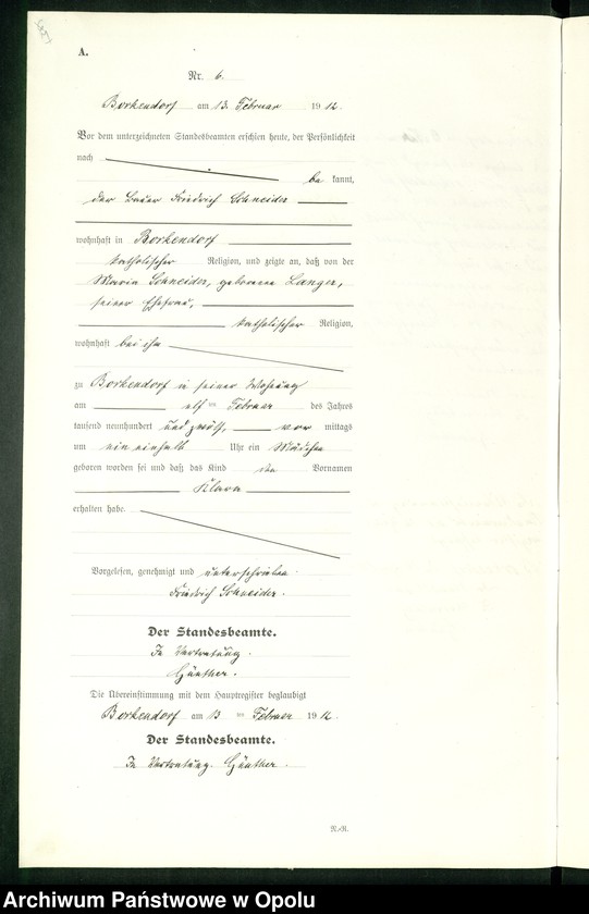 Obraz 11 z jednostki "Geburts-Register (Neben-Register) Standesamt Borkendorf 1912 No. 1 bis 73."