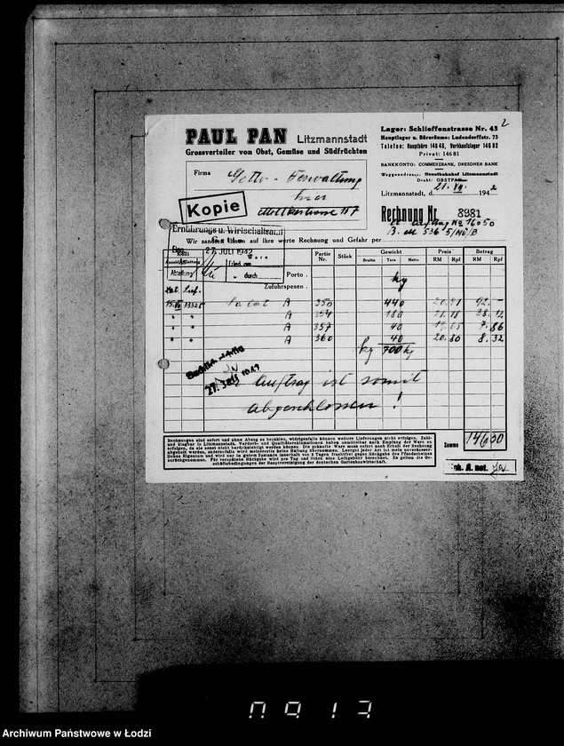 Obraz 5 z jednostki "Aufträge, [Lieferscheinen und Rechnungen] 14731-16050 [Dostawy żywności do Getta]"