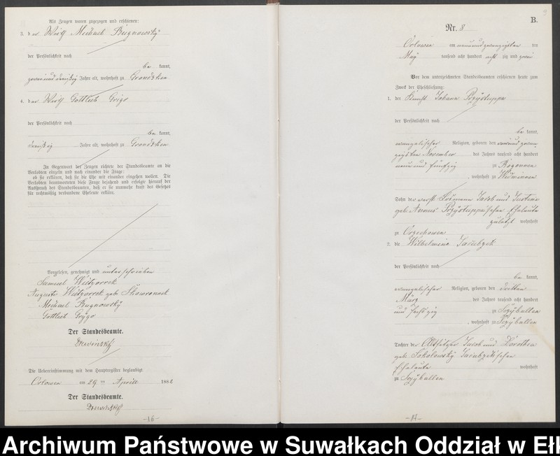 Obraz 12 z jednostki "Heiraths-Neben-Register des Preussischen Standes-Amtes [Orlowen] Kreis [Loetzen] für das Jahr 1882"