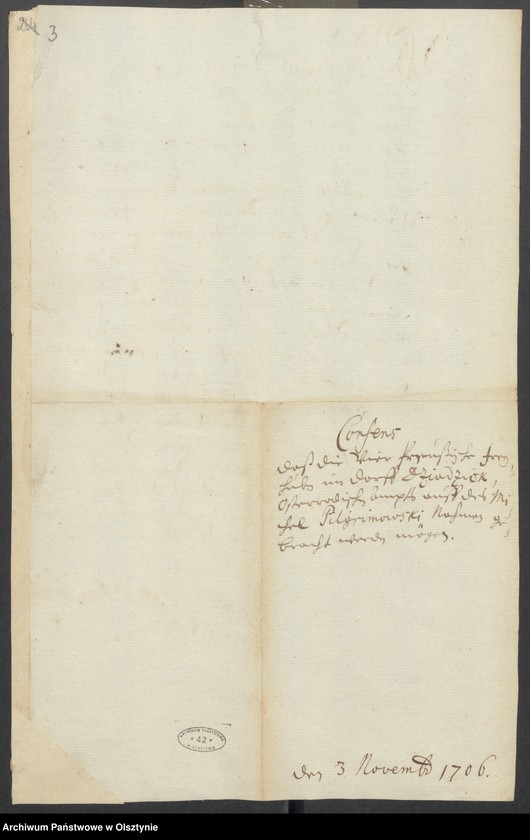 image.from.unit.number "Dziadick [Dziadyk] H. [Haupt] A. [Amt] Osterode [Ostróda]. Acta den Consens, daß die 4 Preussischen Freihufen im Dorfe Dziadick [Dziadyk] auf den Namene des Mich. [Michael] Pilgrimowski gebracht werden mögen"