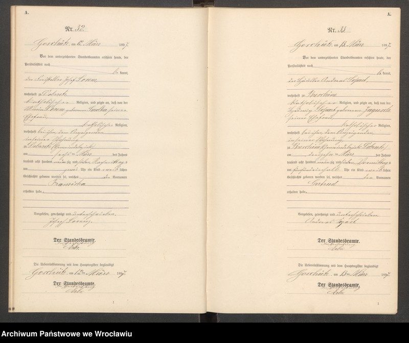 Obraz 19 z jednostki "księga urodzeń Urzędu Stanu Cywilnego w Goszczu (Goschütz) 1897"