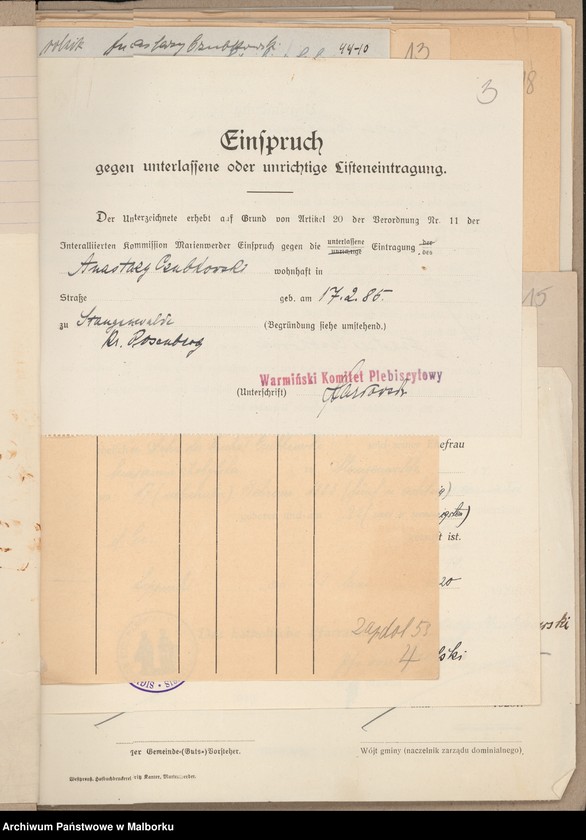 image.from.unit.number "Volksabstimmungsausschuss in Stangenwalde, Kreis Rosenberg Einsprüche [Wydział Plebiscytowy w Słupnicy, obwód suski Reklamacje]"