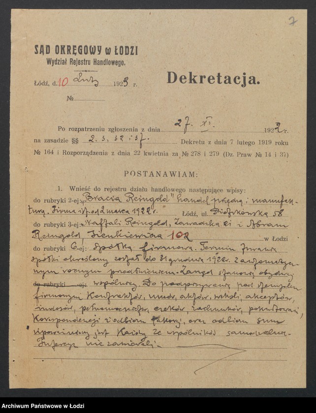Obraz 9 z jednostki "Bracia Reingold- handel przędzą i manufakturą"