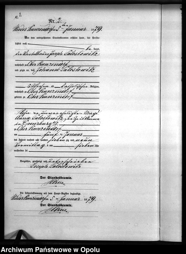 Obraz 5 z jednostki "Sterbe-Neben-Register Standesamts Kunzendorf pro 1879"