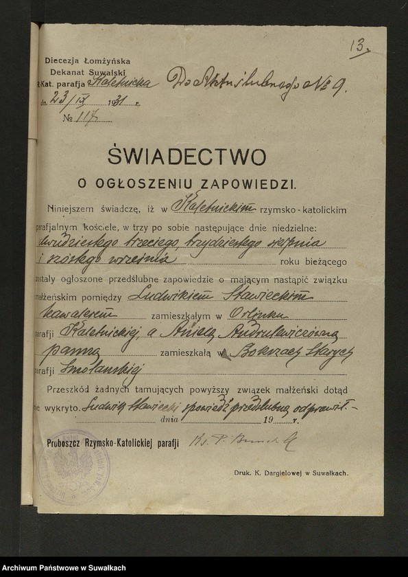 image.from.unit.number "Dokumenty Do aktów zaślubionych Smoleńskiej Rzymsko-Katolickiej parafji za 1931 rok"