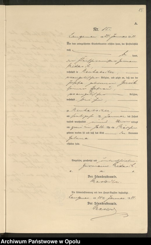 image.from.unit.number "Geburts-Neben-Register Standesamts Langenau pro 1901"