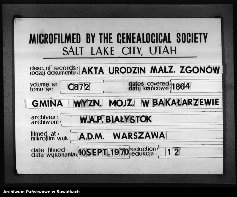image.from.unit.number "Księga Duplikat Aktów Urodzonych, Zaślubionych i Umarłych Urzędnika Stanu Cywilnego Wyznania Mojżeszowego Okręgu Bakałarzewo na rok 1864"