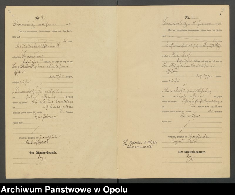 Obraz z jednostki "Geburts-Haupt-Register des Standesamts Schwammelwitz pro 1885"