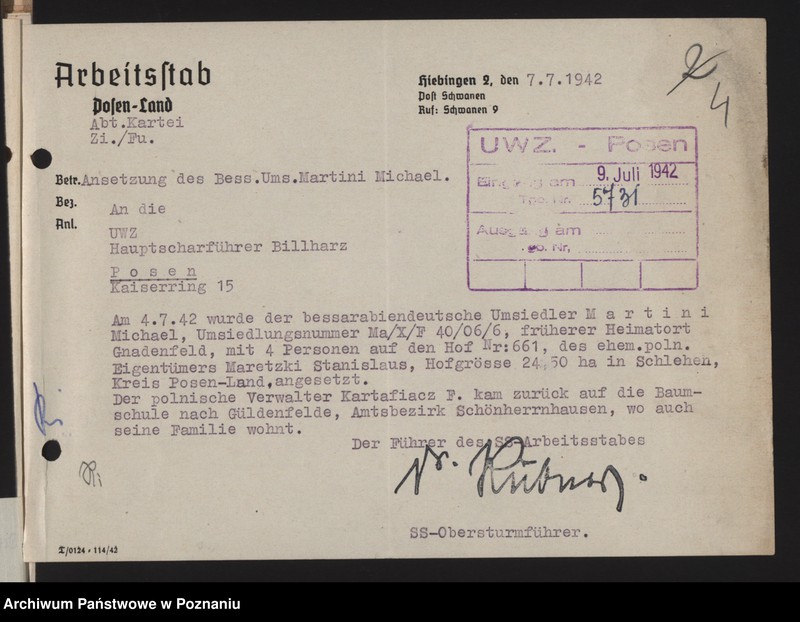 Obraz 7 z jednostki "Umsiedlungsmeldungen der SS - Arbeitsstäbe - Kreis Posen - Land [Powiat - Poznań]"