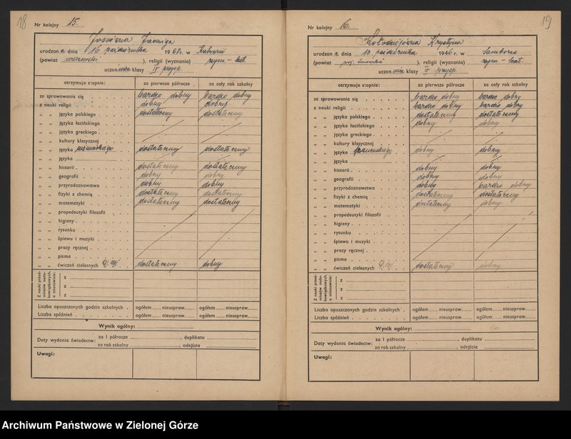 image.from.unit.number "Państwowe Gimnazjum i Liceum Koedukacyjne w Zielonej Górze -katalog główny klasa IV przyśp.- rok szkolny 1945/1946"