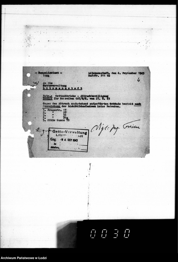 Obraz 8 z jednostki "Abbrüche im Getto. [Korespondencja w sprawie rozbiórki domów w Getcie, miesięczne zestawienia wykonanych prac, wykazy zatrudnionych przy pracach rozbiórkowych]"