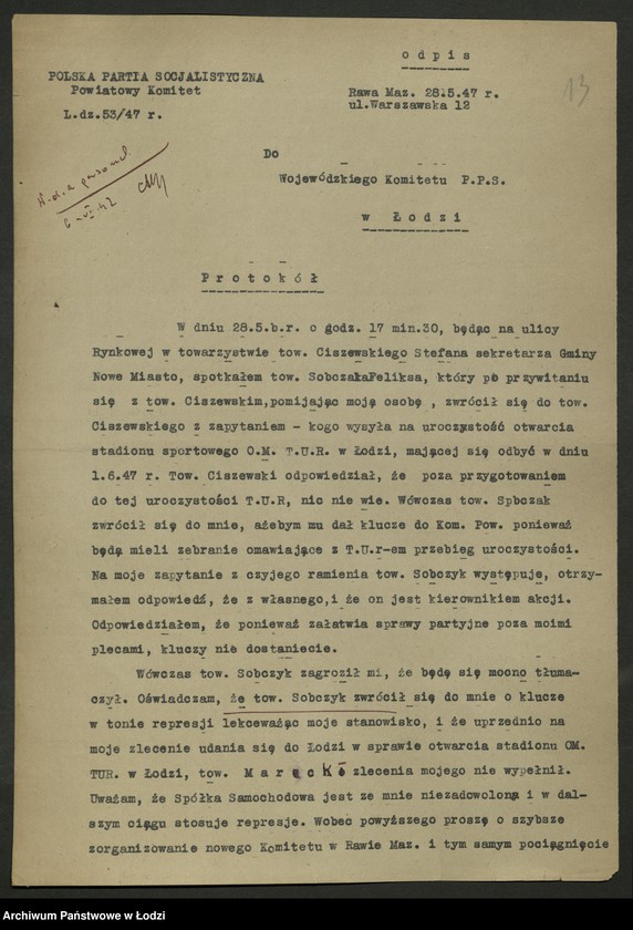 Obraz 14 z jednostki "Zażalenia, interwencje [członków PPS kierowane do WK]"