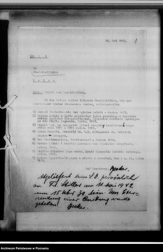 Obraz 5 z jednostki "[Korespondencja w sprawie przekazania teczki z rycinami Grottgera, książek polskich oraz szczątków fragmentarycznych akt polsko-katolickich gmin kościelnych z dekanatów: Środa, Chodzież, Międzychód oraz Kościan]"