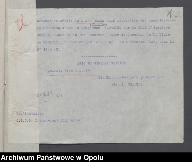 Obraz 4 z jednostki "Service du Genie-Casenement-Cantonnement  /Korespondencja i zarządzenia z zakresu rozlokowania wojska, przydziały koszar/ 4.02.- 10.09.1921"