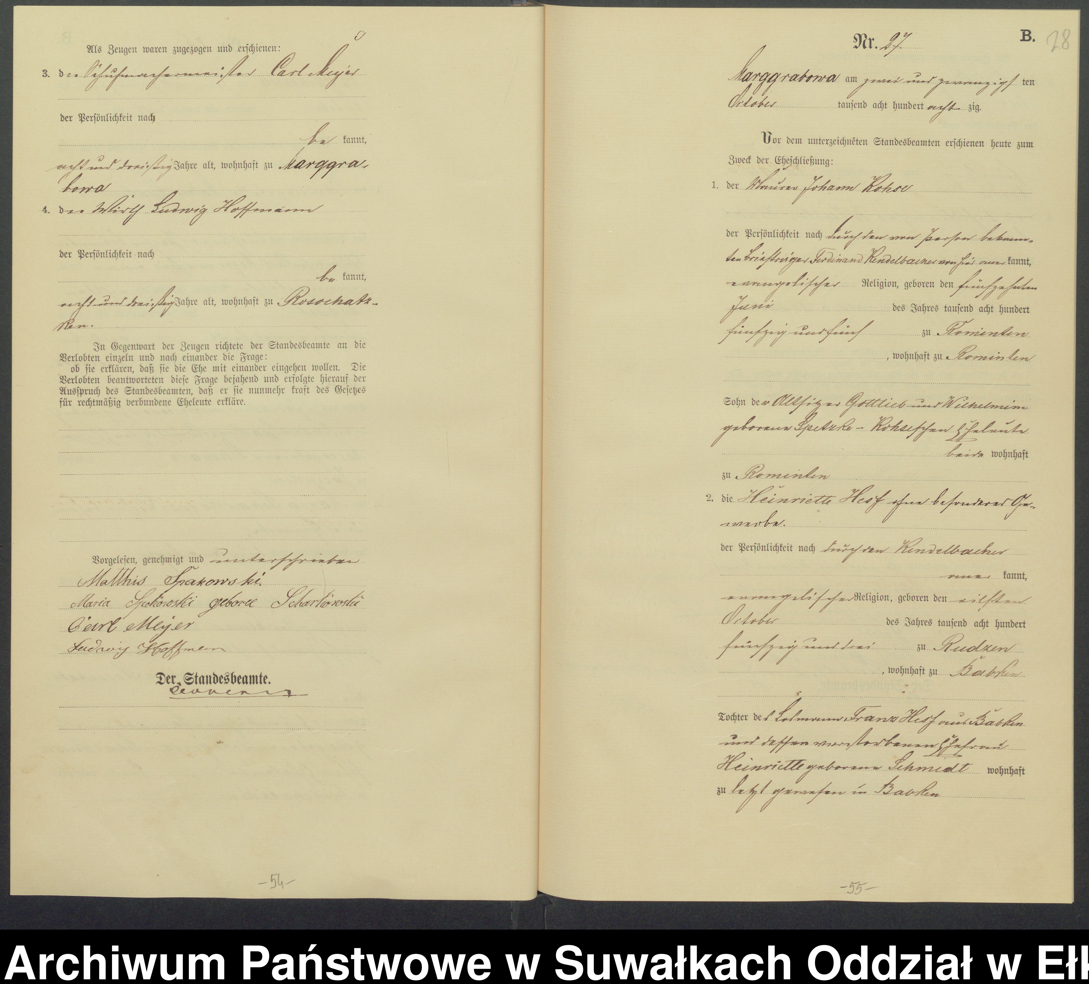 Skan z jednostki: Heiraths-Haupt-Register des Königlich Preussischen Standes-Amtes Landgemeinde Marggrabowa Kreis Oletzko
