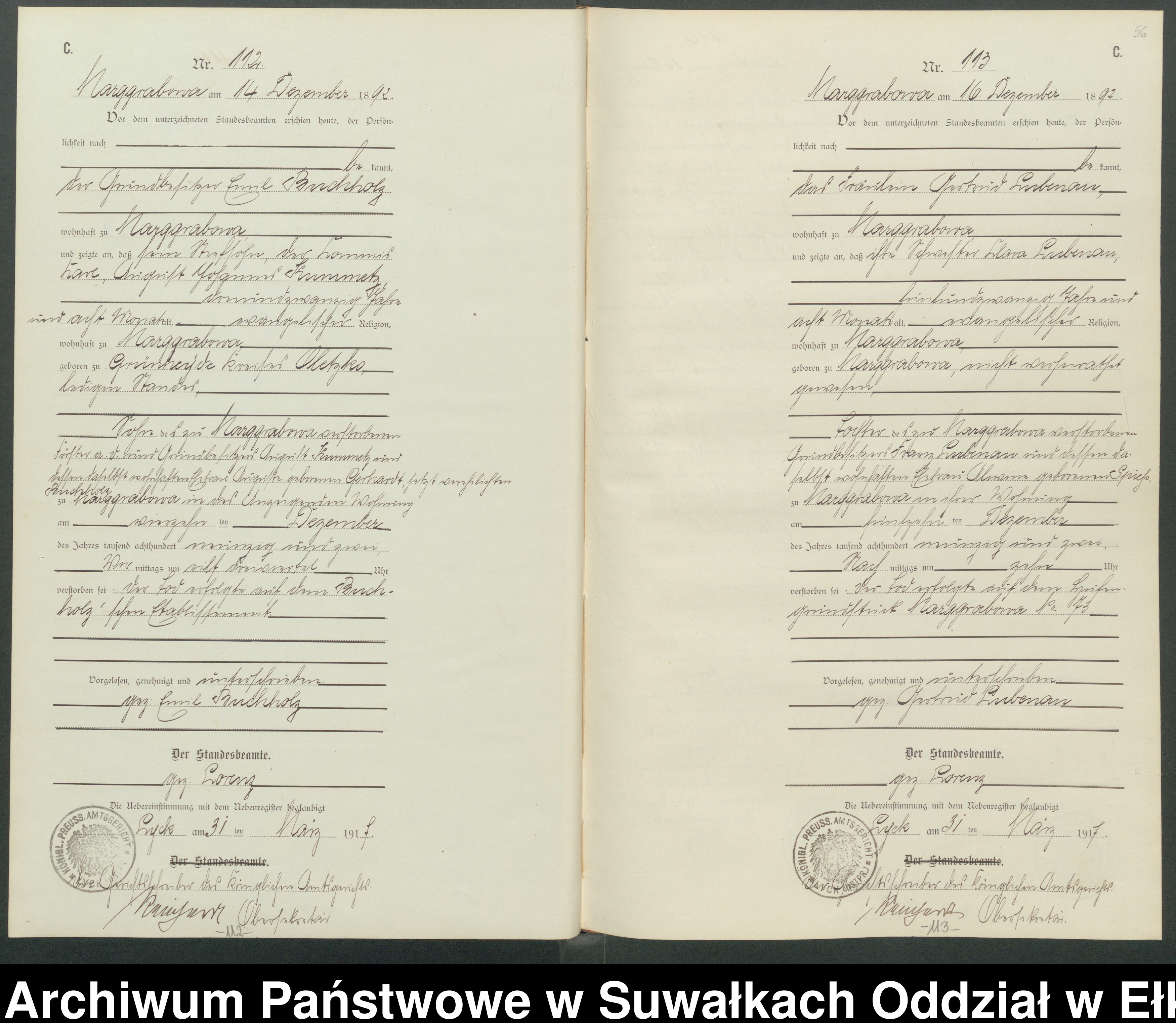 Skan z jednostki: C1.Sterbe-Register [Haupt-Register] Standesamt Stadtgemeinde Marggrabowa Kreis Oletzko No.1 bis.118