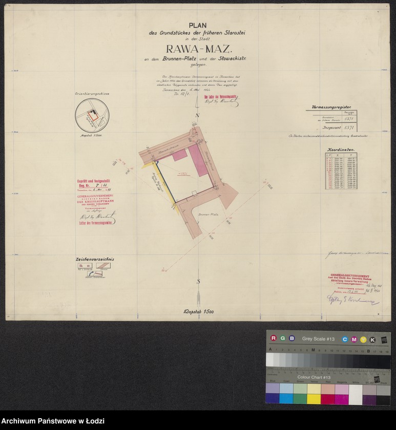 Obraz 1 z jednostki "Plan des Grundstückes der früheren Starostei ind der Stadt Rawa Mazowiecka an dem Brunnen-Platz und der Slowackistrasse gelegen"