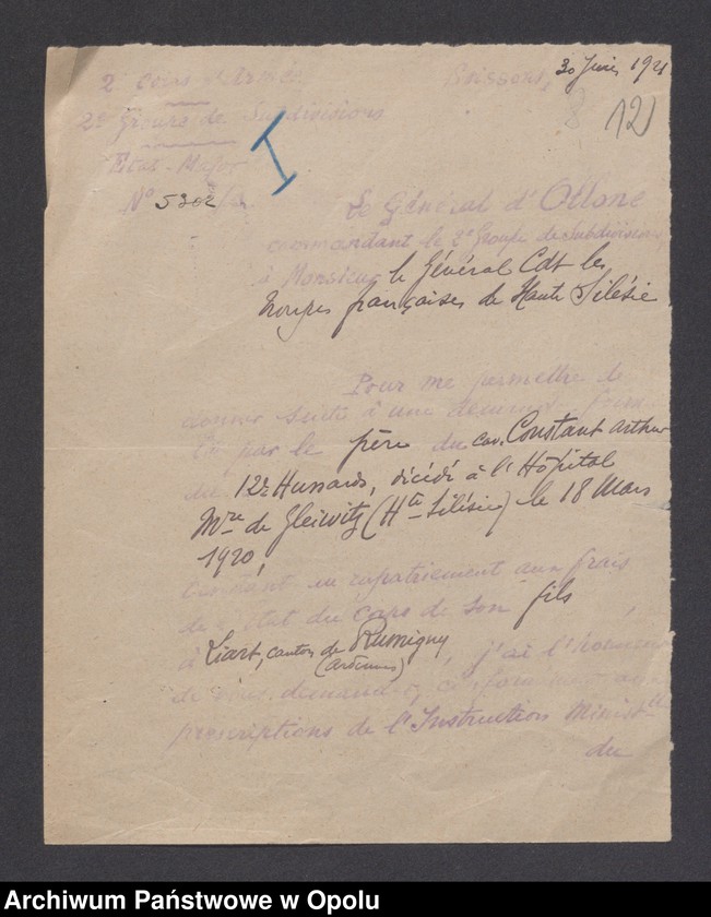 Obraz 14 z jednostki "Service de Sante-Evacuations Hopitaux-Hygiene des Troupes-Prostitution /Korsepondencja z zakresu służby zdrowia, ewakuacja, szpitale, higiena, prostytucja/ 14.06.1921 - 5.07.1922"