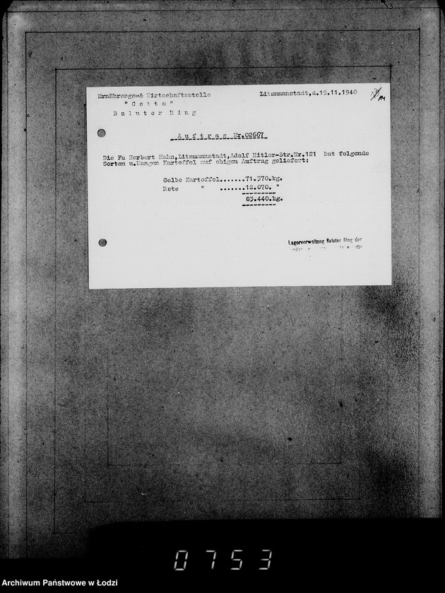 Obraz 18 z jednostki "[Zlecenia na dostawę dla ludności Getta artykułów spożywczych- ziemniaki, chleb, mąka, mięso- oraz zwrot opakowań]"