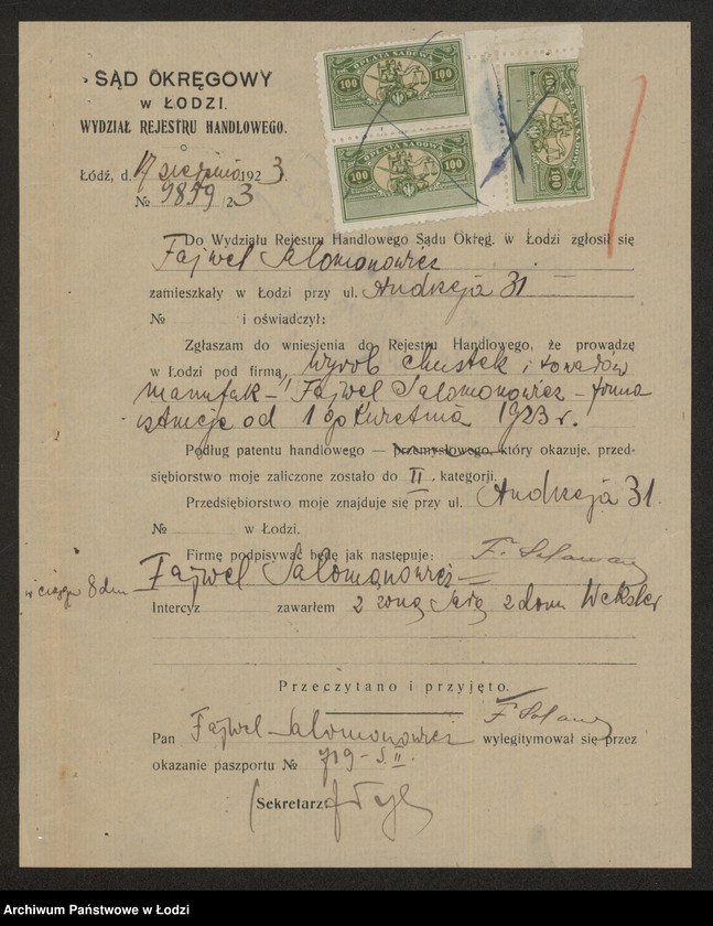 Obraz 3 z jednostki "Fajwel Salomonowicz- wyrób chustek i towarów manufakturowych"