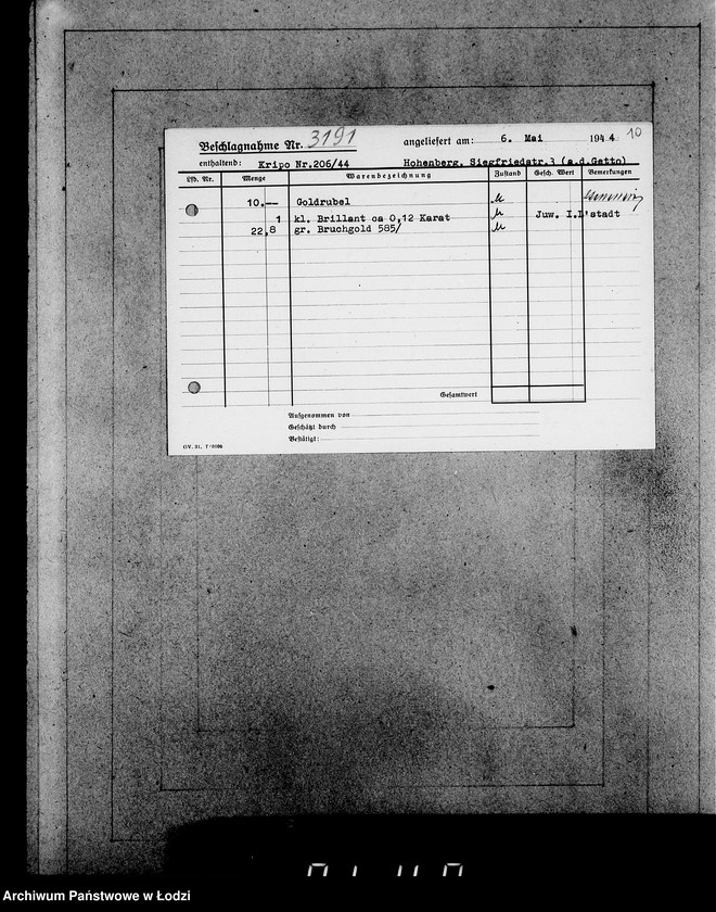 Obraz 14 z jednostki "Kripo.Unterlagen 3000-3200.[Dokumenty konfiskaty majątku ruchomego u Żydów]"