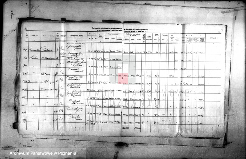 Obraz 13 z jednostki "Ewidencja udzielonych przywłaszczeń obiektów sprzedanych na zasadzie umów markowych /poz. 3 Uchwały Rady Ministrów z dnia 12.V.1933 r./"
