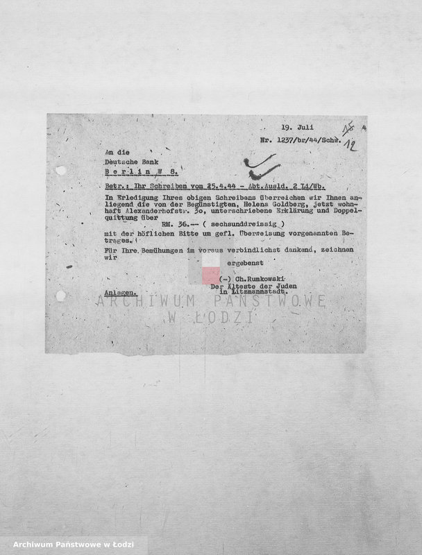 Obraz 15 z jednostki "Banken [Korespondencja PSŻ z GV i bankami niemieckimi w sprawie przekazów pieniężnych dla ludności getta]"