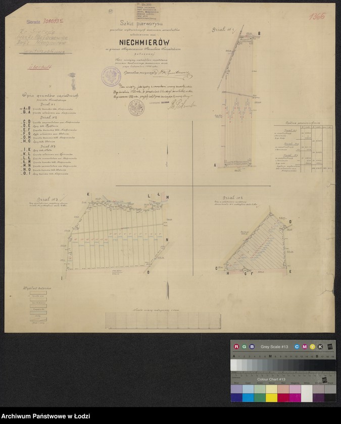 Obraz 1 z jednostki "Szkic pierworysu gruntów wydzielonych wzamian serwitutów włościanom wsi Niechmierów w gminie Majaczewice, starostwie sieradzkim położonej"