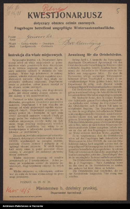 Obraz 7 z jednostki "[Kwestionariusze dotyczące obszaru ozimin zaoranych, powiat gniewski]"
