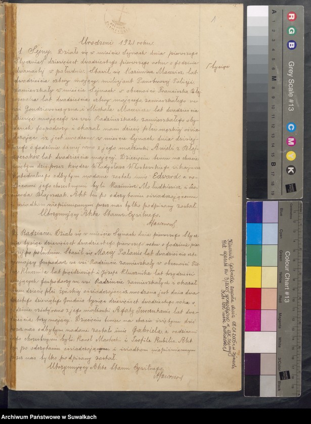 Obraz 3 z jednostki "[Księga akt urodzeń, małżeństw i zgonów parafii rzymskokatolickiej w Sejnach z 1921 roku]"